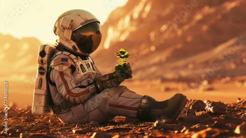 An astronaut in a space suit sits on the surface of Mars and holds a young plant sprout in his hand. Concept of the beginning of life on another planet. Can humans live on Mars?