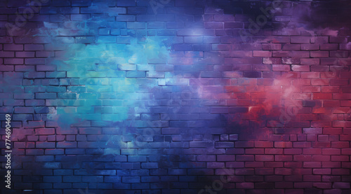 Red, purple and blue neon brick wall background design mockup with lighting effect. For square frame border, billboard, menu, text signs, template and layout on the wall background.