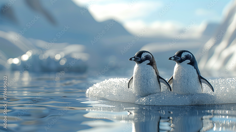 Fototapeta premium cute little penguins in ice snow background, Banner, postcard. Penguin awareness day. World Penguin Day, April 25. Inscription, signed picture. Character, Antarctic animal, Polar.