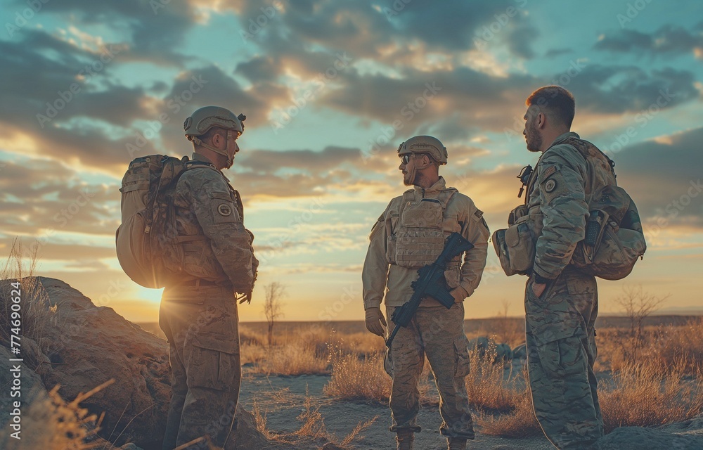 In the middle of an Arab desert, a group of uniformed military soldiers are having a conversation while fighting. In the middle of an Arab desert, a group of uniformed military soldiers are having a conversation while fighting.