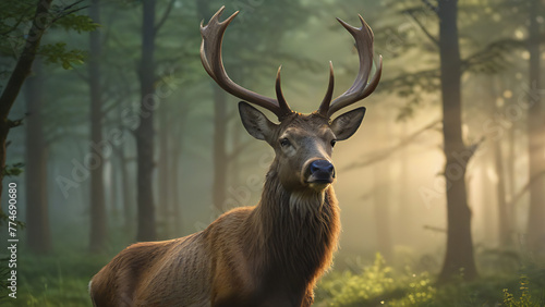 Majestic Stag in a Misty Forest at Sunrise