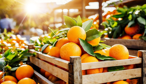 Close-up of a wooden crates full of fresh ripe orange or tangerines fruits with green leaves at the market or store. Buying vegetables and fruits at the market. Outdoor setting. Generative Ai. photo
