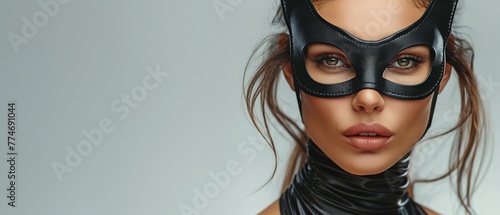 youthful, attractive woman wearing a black bodysuit and a cat mask