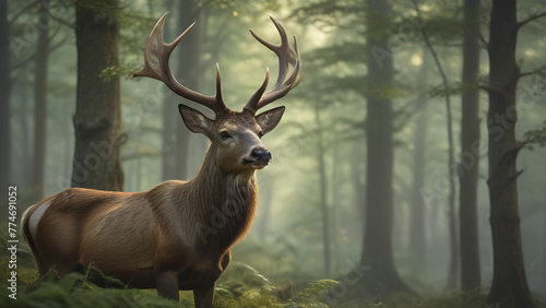 Majestic Stag in Misty Forest Morning Sunlight © CreativeCanvas