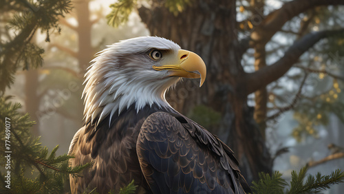 Majestic Bald Eagle Perched in Sunlit Forest