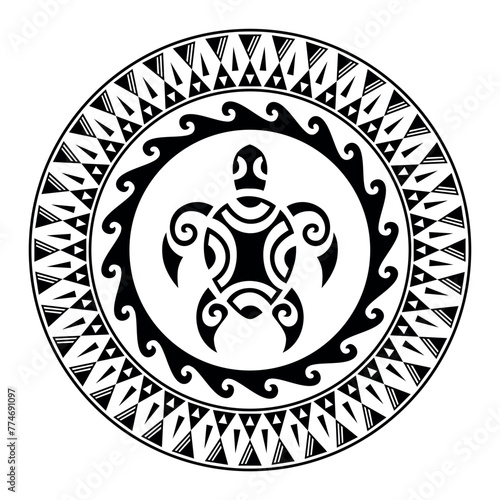 Round tattoo ornament with turtle maori style. African, aztecs or mayan ethnic style. Black and white.