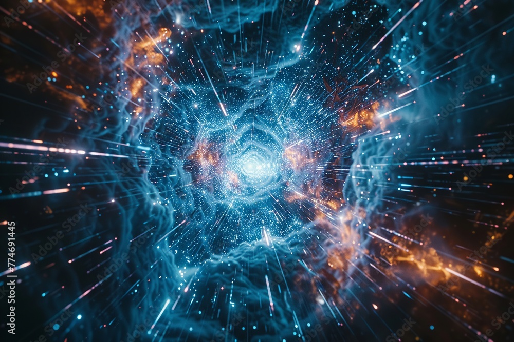 Big Bang and cosmic web in a virtual reality simulation, interactive and immersive, educational and futuristic setting , sci-fi tone, technology