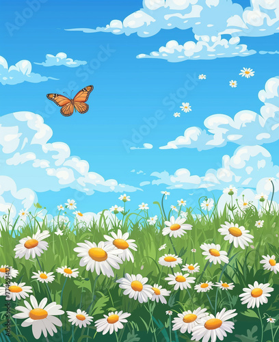 Butterfly in beautiful blooming daisy wild flower field meadow