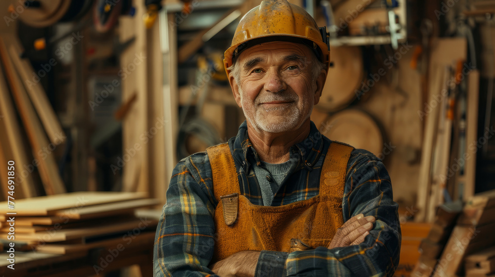 A man in a yellow vest and a hard hat is smiling. He is standing in a workshop with wood and tools. Happy carpenter at work standing in a carpentry workshop A man in a yellow vest and a hard hat is smiling. He is standing in a workshop with wood and tools. Happy carpenter at work standing in a carpentry workshop