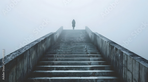 A person standing at the top of a long staircase