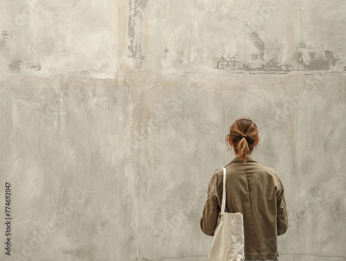 Woman in front of blank empty wall, template with copy space