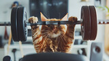 A photo of an orange cat lifting weights in the gym