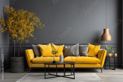 stylist and royal Gray wall living room have yellow sofa and decoration, space for text, photographic © ranjan