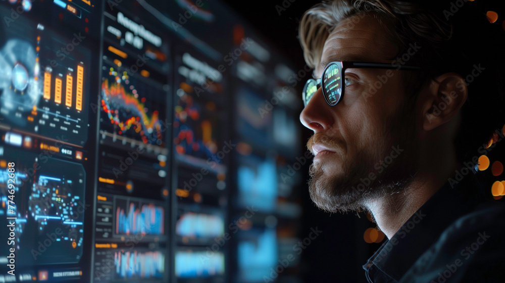 A man is looking at a computer screen with many graphs and numbers. He is wearing glasses and he is focused on the data. Concept of concentration and analytical thinking A man is looking at a computer screen with many graphs and numbers. He is wearing glasses and he is focused on the data. Concept of concentration and analytical thinking