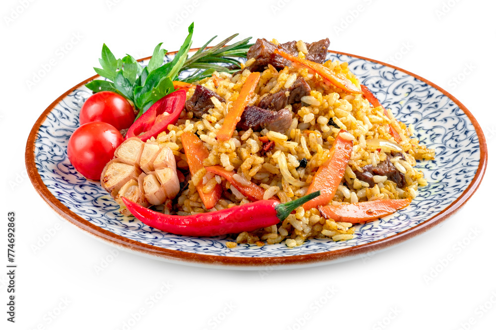 Pilaf with mutton, a dish of stewed meat with rice, carrots, onions and garlic. Oriental cuisine with spices and rice, isolated on white Pilaf with mutton, a dish of stewed meat with rice, carrots, onions and garlic. Oriental cuisine with spices and rice, isolated on white