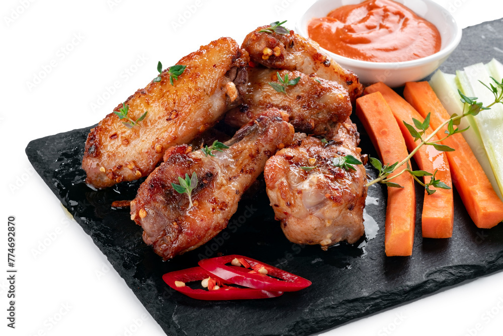 Grilled chicken pieces on a slate board with fresh vegetables and sauce isolated on white Grilled chicken pieces on a slate board with fresh vegetables and sauce isolated on white
