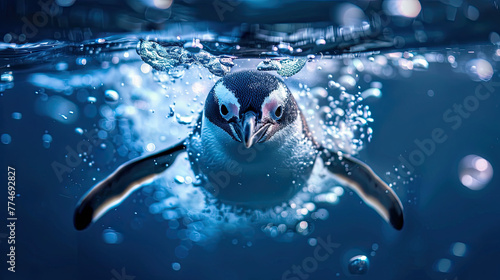 penguin swimming in water World penguin day April 25, Penguin Awareness Day Good for banner, poster, greeting card, party card, invitation, template, advertising, campaign, and social media. #774692827