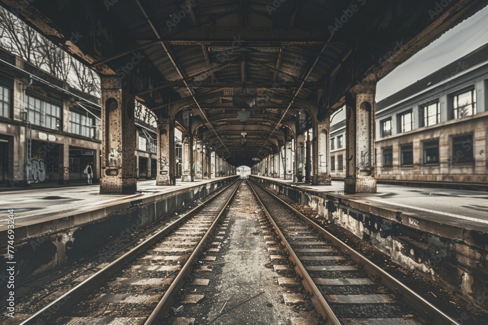 Dilapidated train station, sepiatoned vintage, melancholic and timeless, standing still in a bustling modern city , Travel Photography