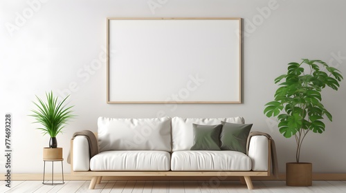 Empty picture frame hanging on walls, minimalist space, Nordic style, 3D rendering large bright light beige living room minimalism, double seat sofa small tea table. For Design, Background, Cover, PPT