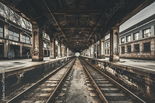 Dilapidated train station, sepiatoned vintage, melancholic and timeless, standing still in a bustling modern city , Travel Photography