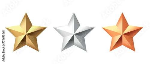 Golden, bronze, silver glossy metallic stars 3d realistic style. Leadership, game award, customer feedback symbol vector illustration isolated on white background