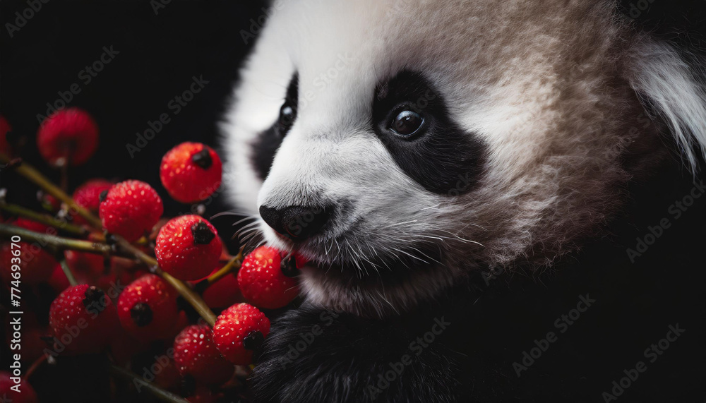 closeup macro photography of a baby panda eating red berries; clean and sharp focus, closeup macro photography of a baby panda eating red berries; clean and sharp focus,