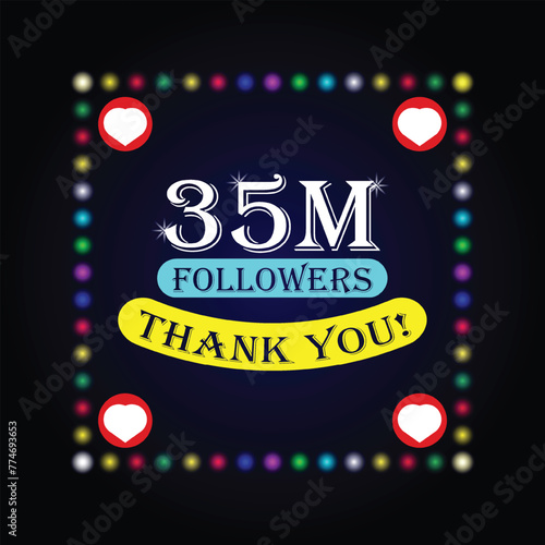 35M followers thank you greeting card with colorful lights on dark background. Colorful design for social network, social media post background template. photo