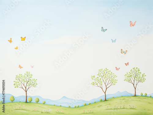 Blossoming cherry orchard, watercolor, pink hues, eyelevel, butterflies fluttering © sunchai