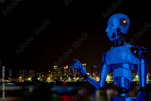 robotic 3d render on night city scape copy space,technology concept