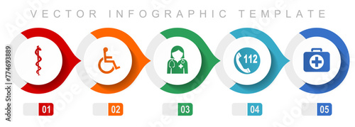 Healthcare flat design infographic template, miscellaneous symbols such as cadyceus, first aid, doctor, emergency call and wheelchair, vector icons collection