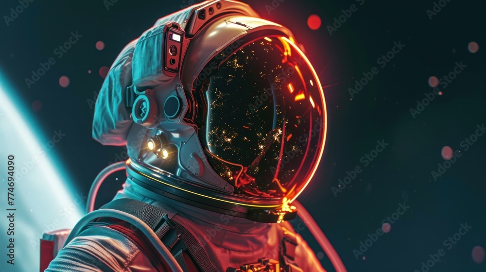 Astronaut at the spacewalk on the moon. Neon light with reflections in the glass of the suit Astronaut at the spacewalk on the moon. Neon light with reflections in the glass of the suit