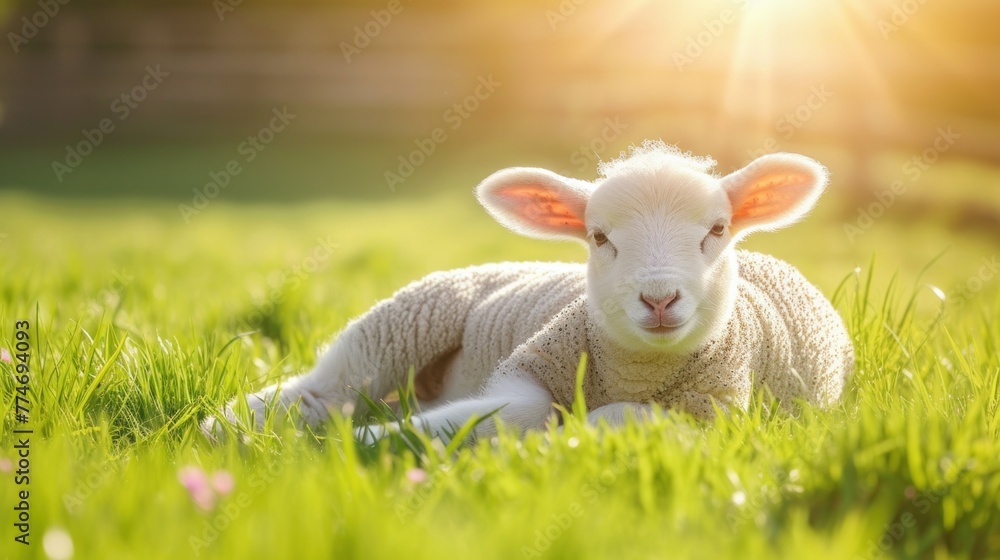 Close up of a newborn lamb in Springtime, laying down in lush green field and facing forward. Clean green background Close up of a newborn lamb in Springtime, laying down in lush green field and facing forward. Clean green background