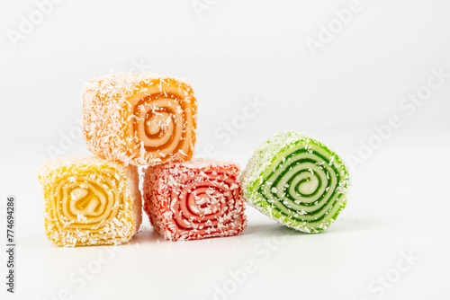 Traditional Turkish delight isolated on white background. Close up.