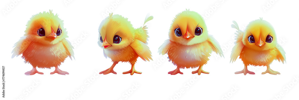 Cute, small, yellow baby chickens are a symbol of Easter and Holy Resurrection Day. Transparent isolated background