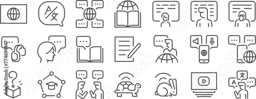 Language school icon set. It includes languages, study, class, lessons, learning, and more icons. Editable Vector Stroke.