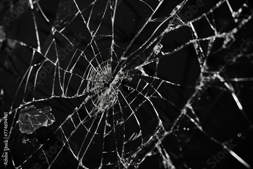 Glass shattering, capturing the intricate web of cracks, dramatic and chaotic, in a stark, highcontrast setting photo
