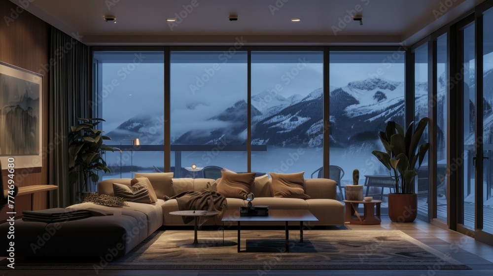 Modern living and dining areas with wide views of the bay and city. Beautiful minimalist white interior at night Modern living and dining areas with wide views of the bay and city. Beautiful minimalist white interior at night