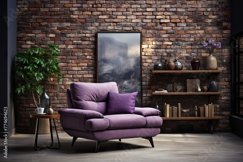 stylist and royal Living room with purple sofa, black modern armchair and home decoration