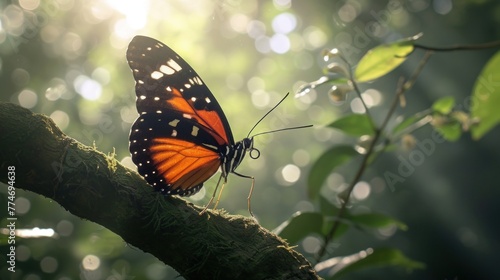 Colorful tropical background. bright orange monarch butterfly on a tree