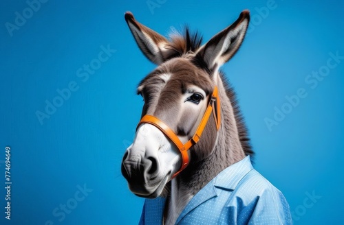 Donkey in a medical suit on a blue background, comic concept