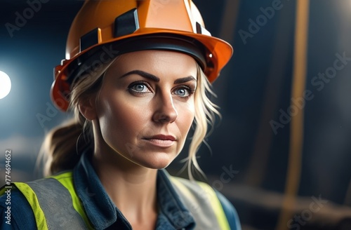 Woman worker miner in uniform and helmet, portrait against the background of the mine © Alsu