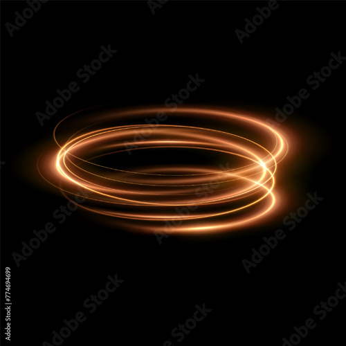 Glowing golden spiral. Speed ​​abstract lines effect. Rotating shiny rings. Glowing circular lines. Glowing ring trail. Vector.