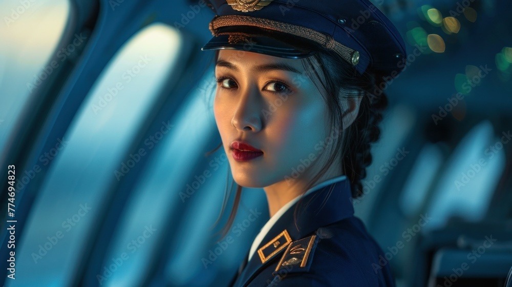 Cabin crew or air hostess working in airplane. Airline transportation and tourism concept Cabin crew or air hostess working in airplane. Airline transportation and tourism concept