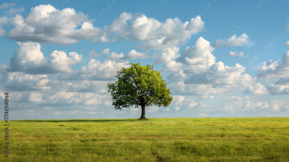 A single tree stands alone in the middle of an open field under a blue sky with clouds