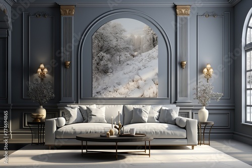stylist and royal Luxury Icy Cool Modern Living Room Interior, space for text, photographic photo