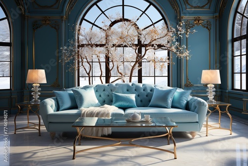stylist and royal Luxury Icy Cool Modern Living Room Interior, space for text, photographic