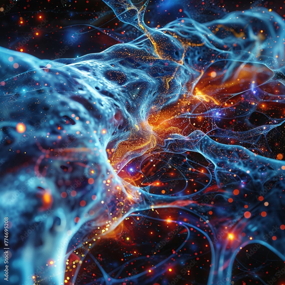 Illustration of the Big Bang with cosmic web filaments stretching out, colorful and detailed, astronomical and expansive , sci-fi tone, technology Illustration of the Big Bang with cosmic web filaments stretching out, colorful and detailed, astronomical and expansive , sci-fi tone, technology