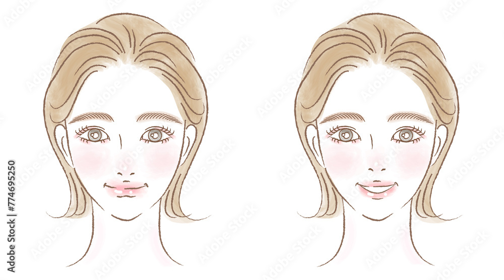 女性の顔アップのイラストセット　きれいめ手描き　水彩風