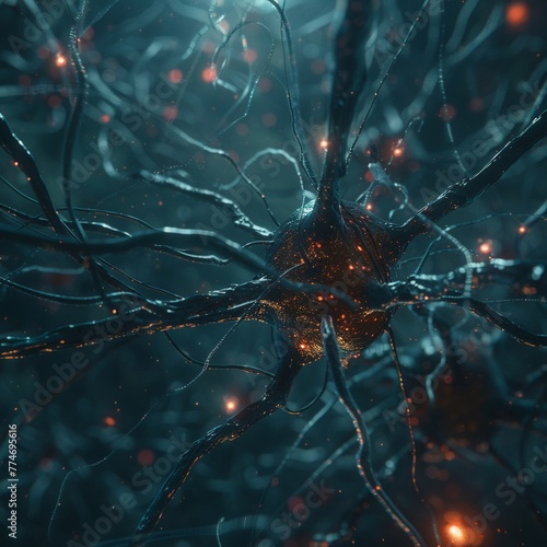 Neuron as a mafia boss, dark cinematic style, low key lighting, opulent environment , sci-fi tone, technology © Phawika
