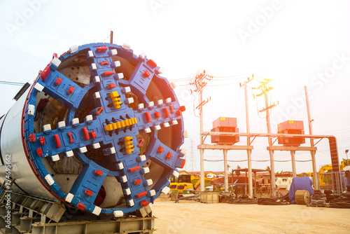 Colorful of cutter head of a Tunnel boring machine (TBM) look like brick building game. Machine for underground drill at construction site. photo